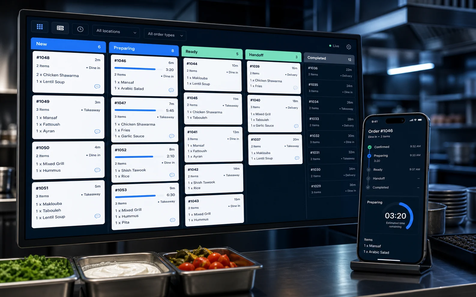 Restiq kitchen display with active order tickets